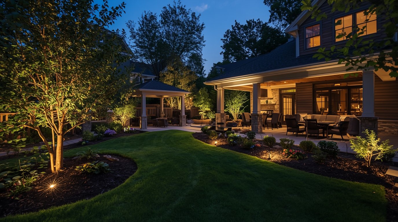 Evening garden scene with atmospheric lighting highlighting landscape features