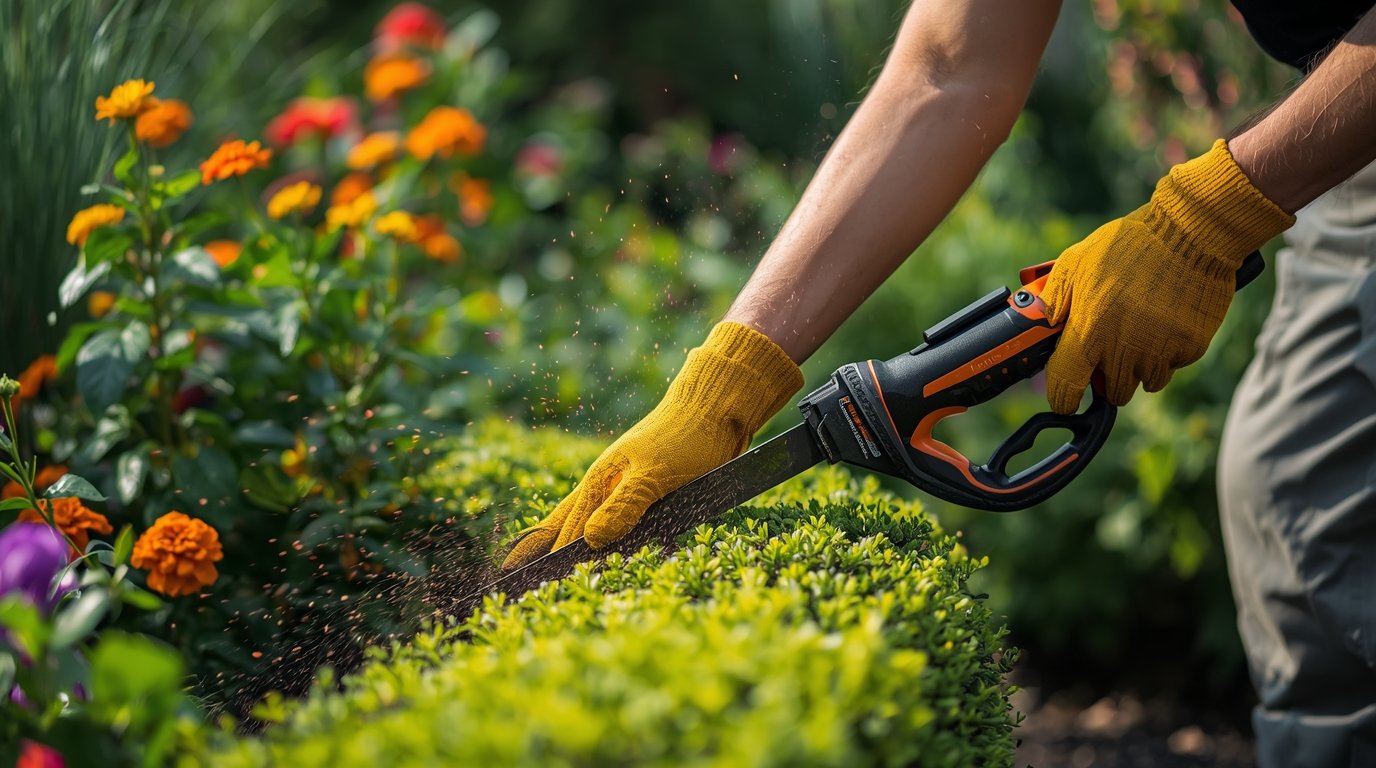Seasonal garden maintenance showing professional pruning and care