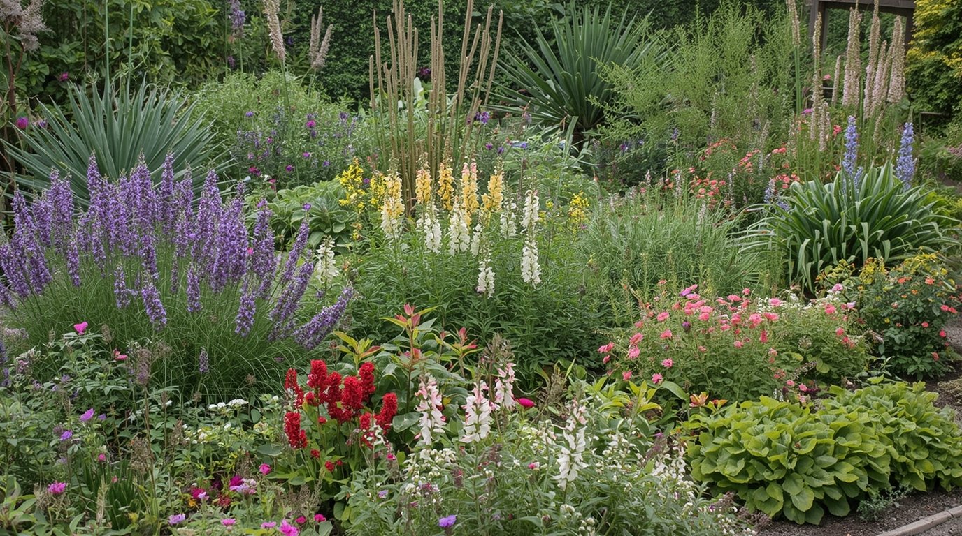 Native Irish garden planting with diverse and colorful flowering plants